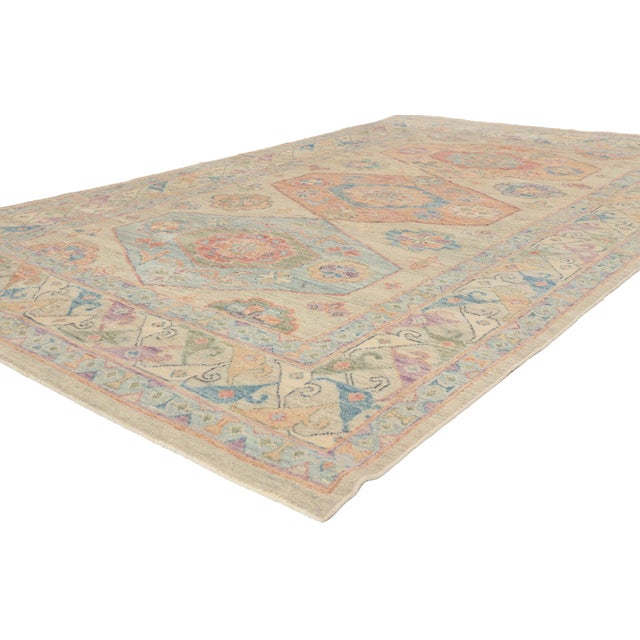 80888 Colorful Contemporary Oushak Rug, 05'10 x 09'02. The Pastel Reverie: A Contemporary Oushak Masterpiece of Timeless...