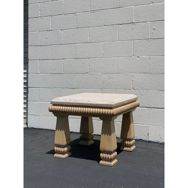 A beautiful near-perfect condition Kreiss stone-top, carved wood accent table. The table has wonderful, large scale. Stone...