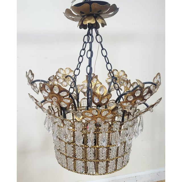 Vintage French Designer Mid-Century Modern Crystal & Bronze Flower Basket Chandelier For Sale In New York - Image 6 of 13