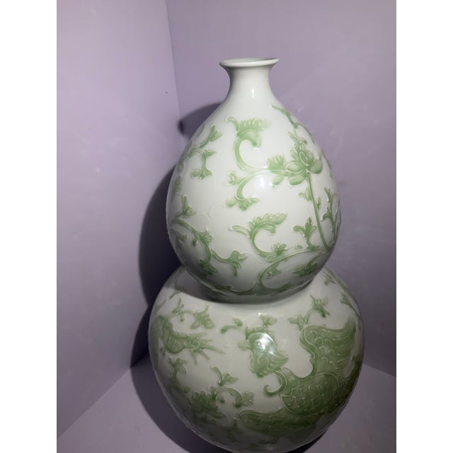 Large 24" Chinoiserie Celadon Porcelain Dragon & Lotus Double Gourd Floor Vase For Sale - Image 4 of 10