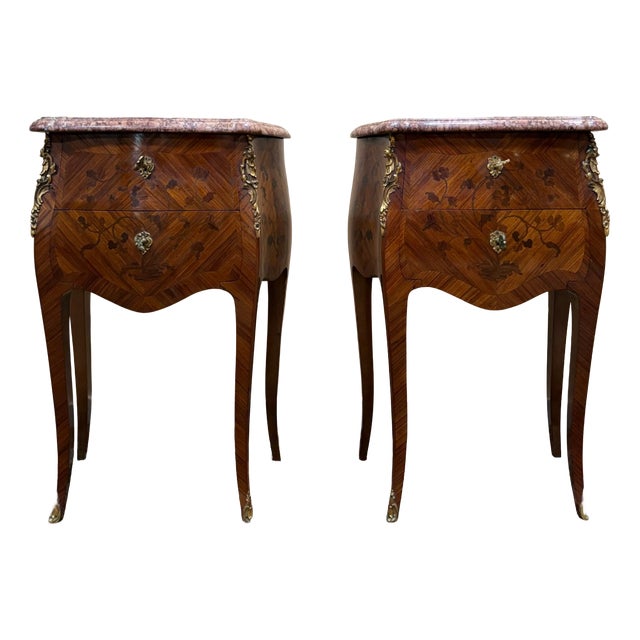 Louis XV Style Rosewood Marquetry Bedside Tables, 1920s, Set of 2 For Sale