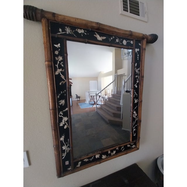 Late 19th Century Late 19th Century Large Japanese Shibayama-Style Black Lacquer Mirror With Faux-Bamboo Frame For Sale - Image 5 of 13