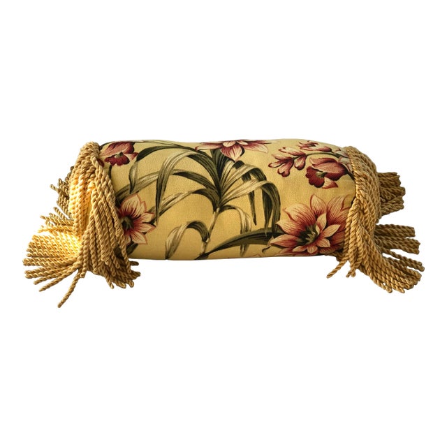 1990s Floral Round Bolster Pillow With Tassel Trim Chairish