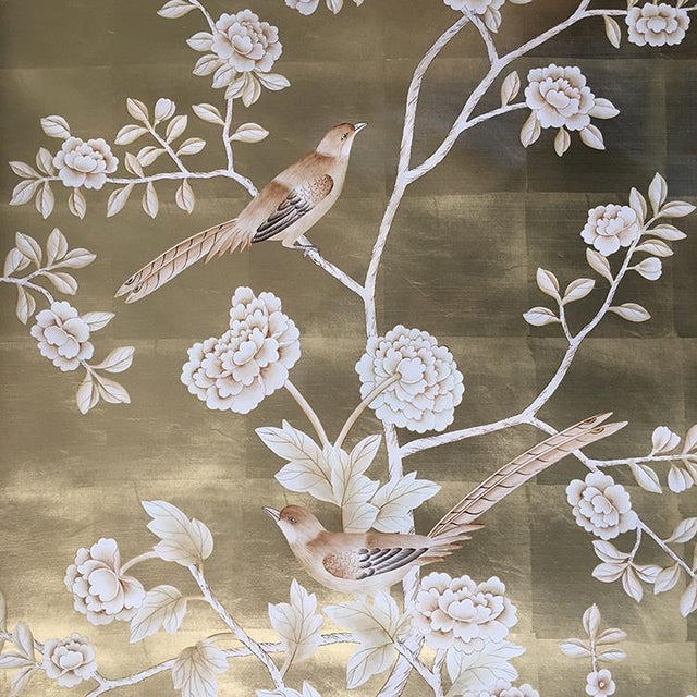 Silver Leaf Chinoiserie Hand-Painted Pale Blue Peony & Bird Wall Panels (Set of 5) For Sale - Image 9 of 15