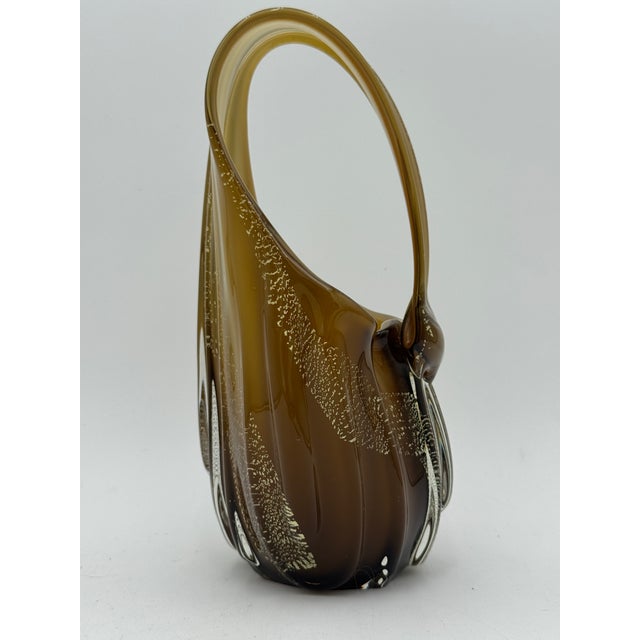Murano Mid Century Murano Amber Art Glass Aventurine Gold Flecks Vase Basket Handled For Sale - Image 4 of 11