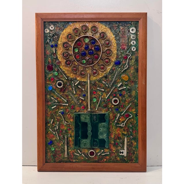 This tactile mixed‑media composition merges mechanical precision with painterly abstraction. Embedded screws, springs,...