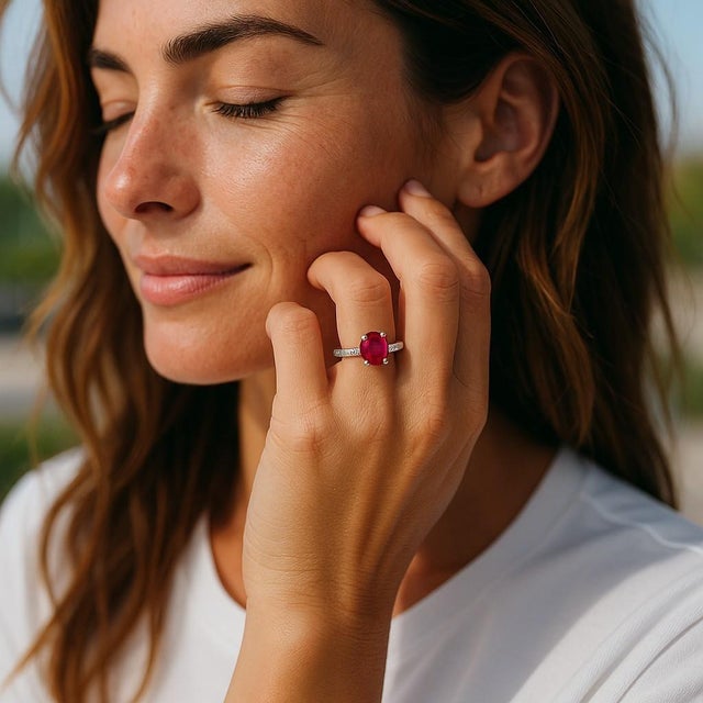 Vintage Blue Nile Platinum Diamond and Ruby 2.75 Carat Engagement Ring Size 5 For Sale - Image 4 of 12