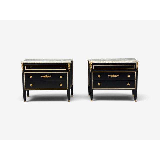 Hollywood Regency Louis Xvi, Hollywood Regency, Commodes, Ebonized, Bronze, Marble, 20th C. For Sale - Image 3 of 18