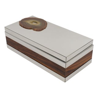 Silver Plate and Wood Box with Agate Stone Slab Decor, circa 1980 For Sale