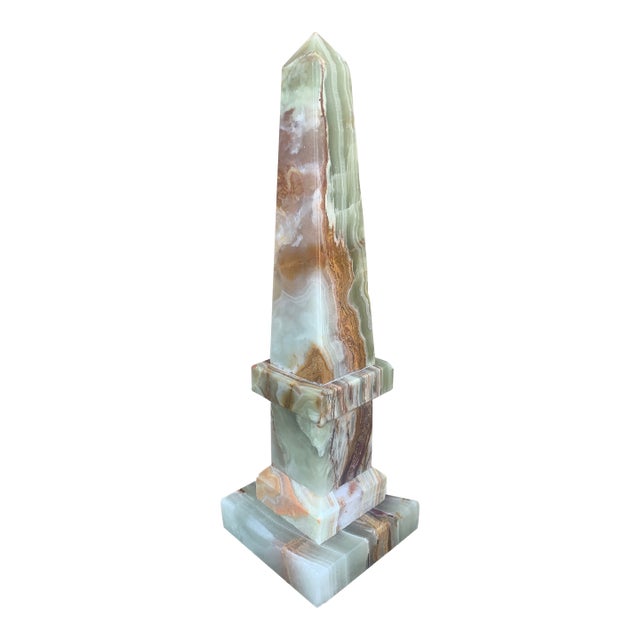 Vintage Neoclassical Solid Marble Onyx Green and Brown Obelisk For Sale