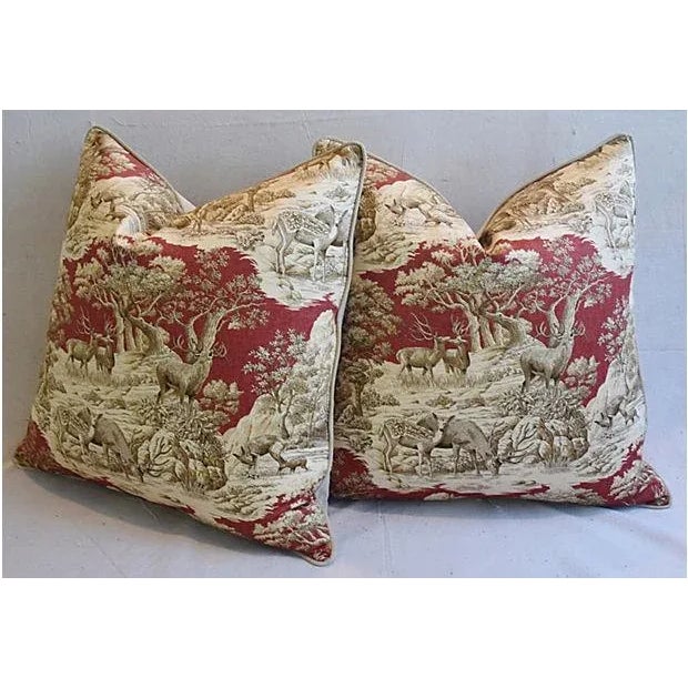 Red 25" Custom Tailored Woodland Toile Deer & Velvet Feather/Down Pillows, Pair For Sale - Image 8 of 10