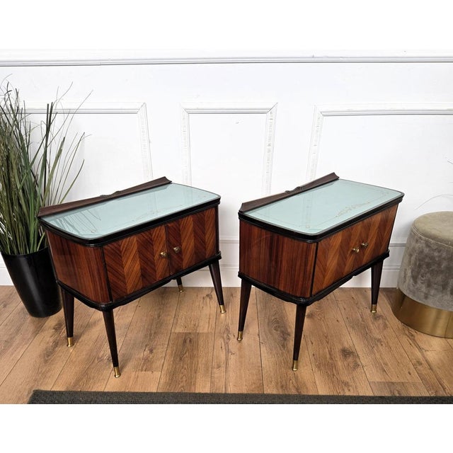 Metal Mid-Century Art Deco Italian Nightstands with Walnut Glass Top, 1950s, Set of 2 For Sale - Image 7 of 11