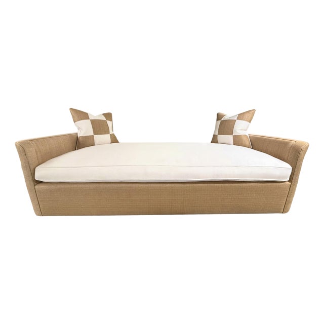 Custom Raffia Daybed With White Linen Cushion by Danny Cannon Custom Upholstery For Sale