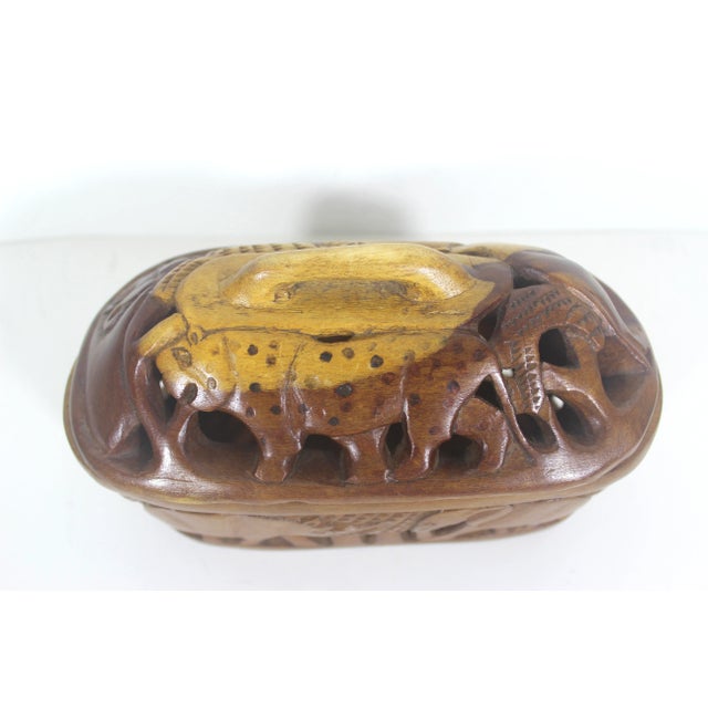 Wood Vintage Carved Wood Box With Lid Hand Carved African Safari Animals For Sale - Image 7 of 9