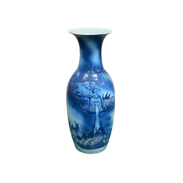 Ceramic Pair Deep Blue Dragon Koi Fish Graphic Tall Porcelain Art Vases For Sale - Image 7 of 13
