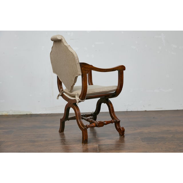 Italian Italian 19th Century Walnut Curule Upholstered Armchair with Carved X-Form Base For Sale - Image 3 of 12