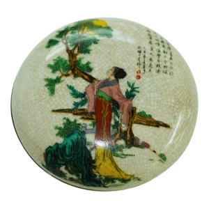 1960s Geisha Porcelain Decorative Trinket Box Catchall With Calligraphy
