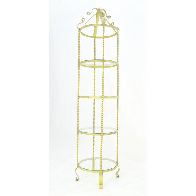 Yellow Round "Twisted rope" Style 4 Tier Metal & Glass Decorative Etagere w/Scroll Mint For Sale - Image 8 of 8