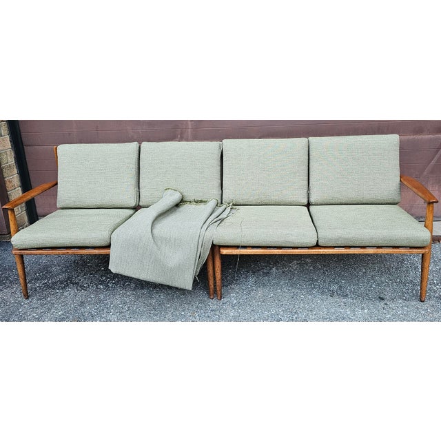 Two-Piece Mid-Century Teak Sofa With New Sage Green Upholstery For Sale - Image 9 of 11