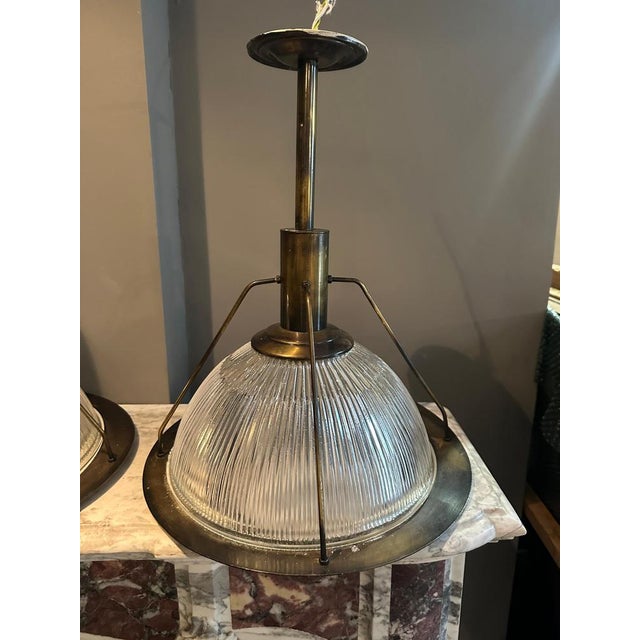 Industrial Burnished Brass and Glass Pendants from Holophane, Set of 3 For Sale - Image 4 of 13