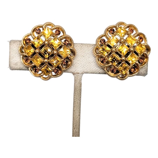 Vintage 1960s Signed Crown Trifari Faux-Citrine & Topaz Clip Earrings-2 Pieces For Sale