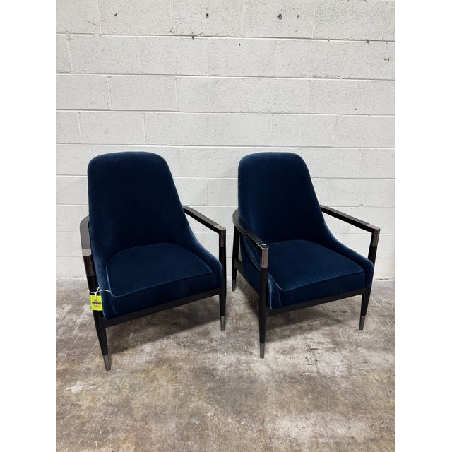 Modern Modern Navy Blue Velvet Slope Lounge Chairs - A Pair For Sale - Image 3 of 9
