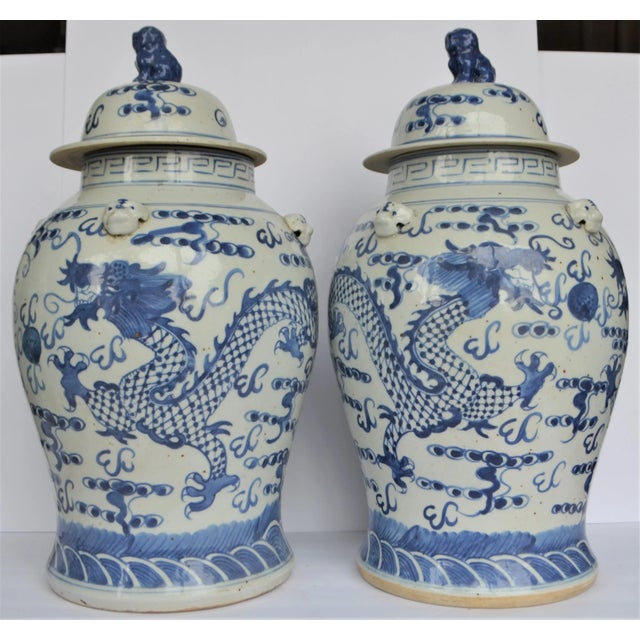 Blue Chinoiserie White & Blue Dragon Baluster Ginger Jars - a Pair For Sale - Image 8 of 8