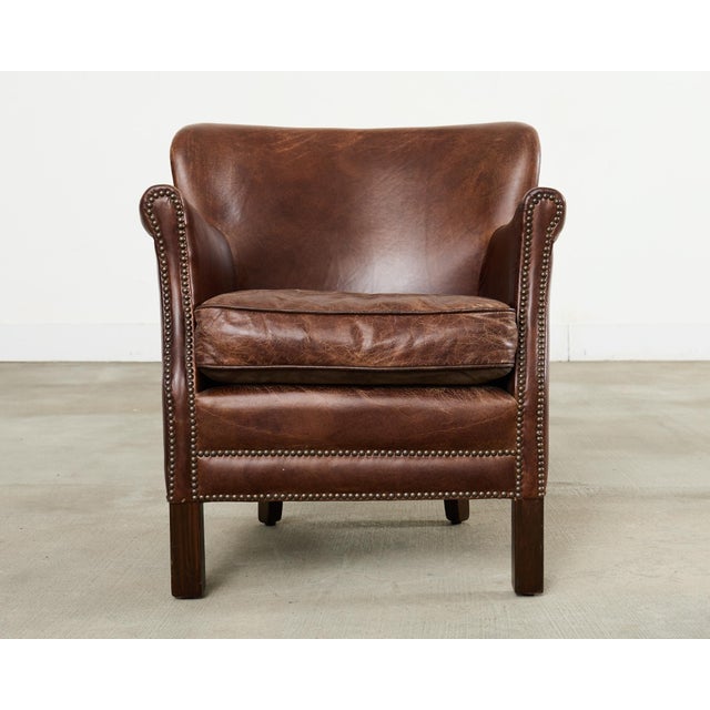 Art Deco French Art Deco Style Cigar Leather Wing Back Club Chair For Sale - Image 3 of 17