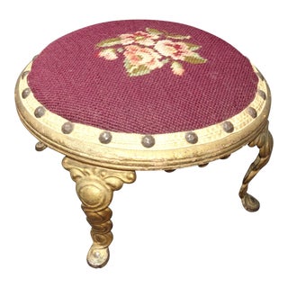 Vintage French Provincial Burgundy Floral Tapestry Petite Footstool For Sale