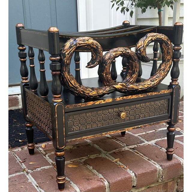 Black With Gilt Painted One Drawer Canterbury Magazine Stand For Sale - Image 11 of 11