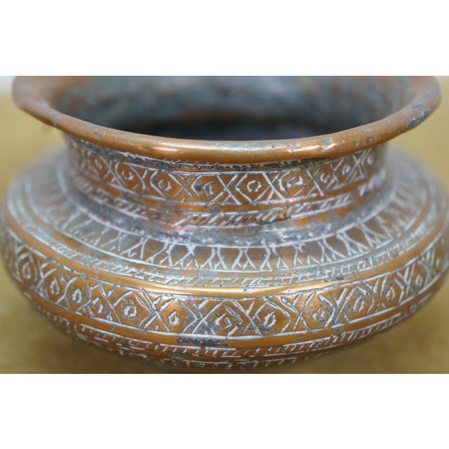 Vintage Middle Eastern Persian Etched Copper Covered Vessel & Open Pot For Sale - Image 12 of 14