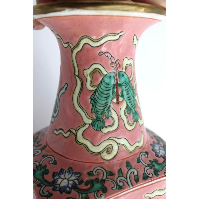 Antique Chinese Pink Famille Rose Porcelain Vase, Tongzhi Buddhist Symbols, 15” For Sale - Image 9 of 10