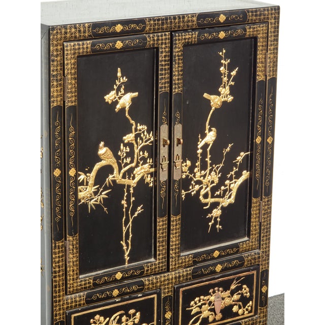 Wood Vintage Oriental Chinese Chinoiserie Black Lacquer Cabinet W Drawers 1of2 For Sale - Image 7 of 15