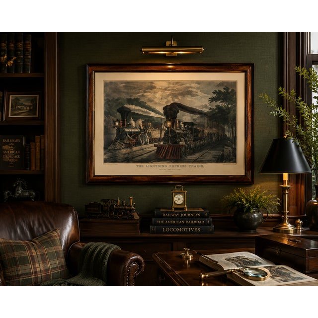 An authentic hand-colored Currier & Ives lithograph titled "The Lightning Express Trains – Leaving the Junction," after F....