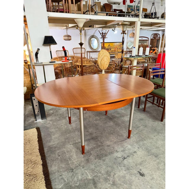 Extendable Round Table with Teak Top and Feet and Satin-Finish Metal Legs, 1960s For Sale - Image 4 of 8
