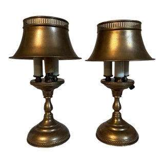 Vintage Mid 20th Century Brass French Bouillotte Table Lamps With 3 Candelabra Lights & Shades For Sale