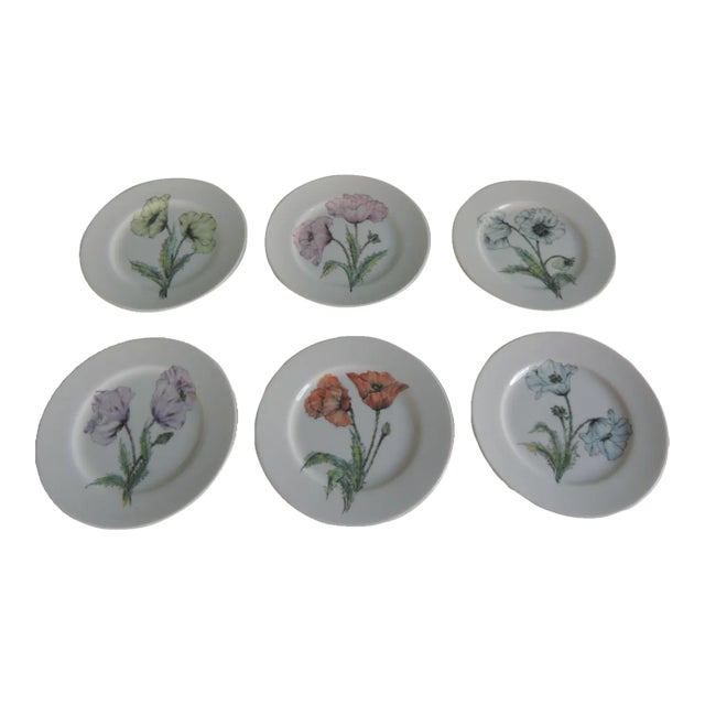 Contemporary Hand Painted Floral Dessert Round Plates - Set of 6 For Sale