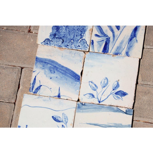 Antique Set of Eight Baroque Portuguese Tiles 18th Century Blue & White Scenic & Floral Design For Sale - Image 4 of 7