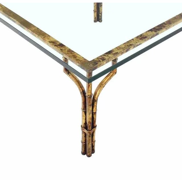 Hollywood Regency Vintage Mid Century Gilt Metal Faux Bamboo Thick Glass Top Square Coffee Table For Sale - Image 3 of 7