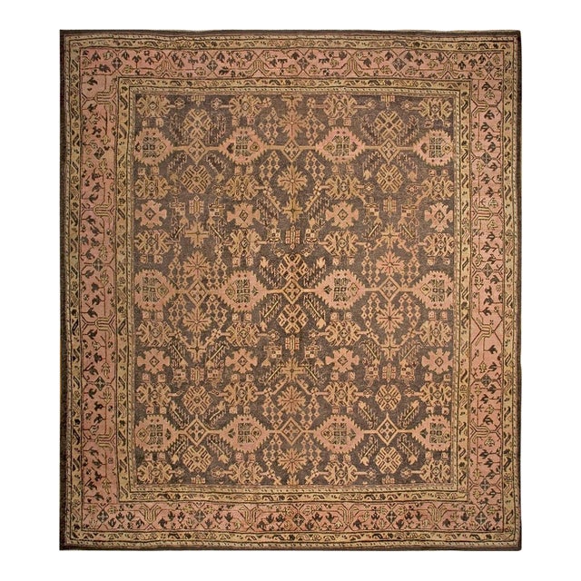 1920s Brown Chocolate Geometric Tribal Antique Turkish Oushak Rug 13' 4"x 14' 9" Handknotted Wool Carpet For Sale