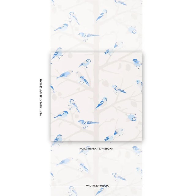 A forest of silhouetted trees provides a soft backdrop for colorful songbirds in this charming, screen-printed wallpaper....