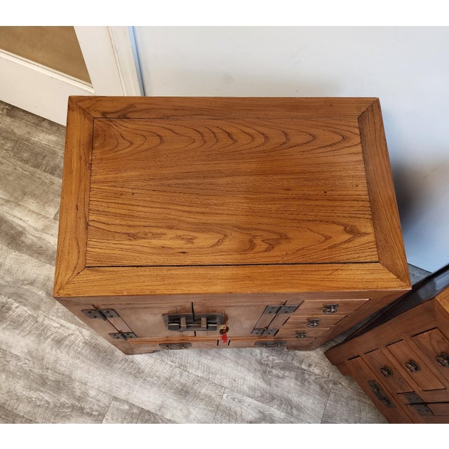Wood Vintage Chinese Elm Apothecary Nightstands / Bedside Cabinets - A Pair For Sale - Image 7 of 18