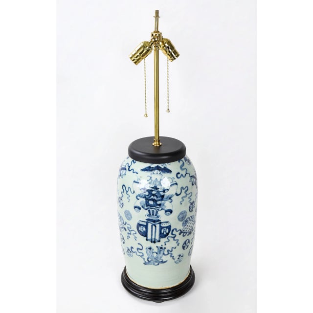 Ceramic Bean Celadon Hand-Painted "Bogu Pattern" Porcelain Table Lamp in the Republic of China For Sale - Image 7 of 7