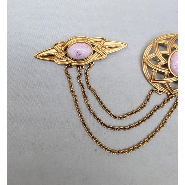 Vintage 1980s Signed Monet Goldtone Pink Cabochon Chatelaine Brooch For Sale In Philadelphia - Image 6 of 9