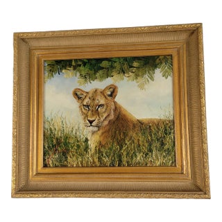 Vintage Lioness Oil Painting on Canvas For Sale