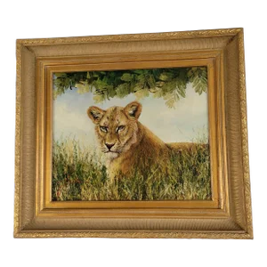 Vintage Lioness Oil Painting on Canvas