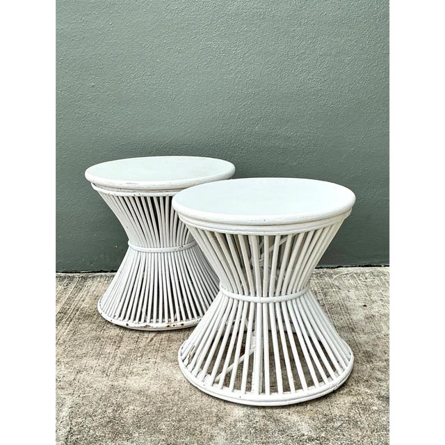 Vintage White Stick Rattan Hourglass Tables - A Pair For Sale - Image 4 of 12