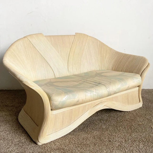 Boho Chic Sculpted Pencil Reed Ribbon Love Seat Sofa For Sale - Image 12 of 12