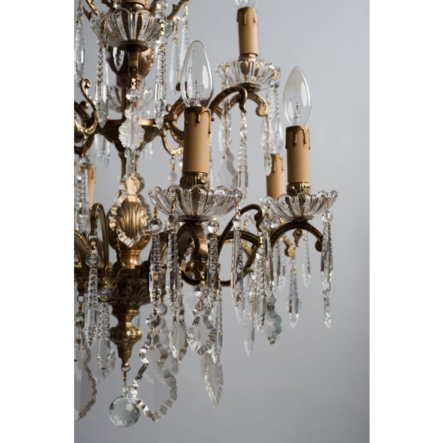 1930s 1930s 12 Light Brass Chandelier With Crystal Pendants For Sale - Image 5 of 10