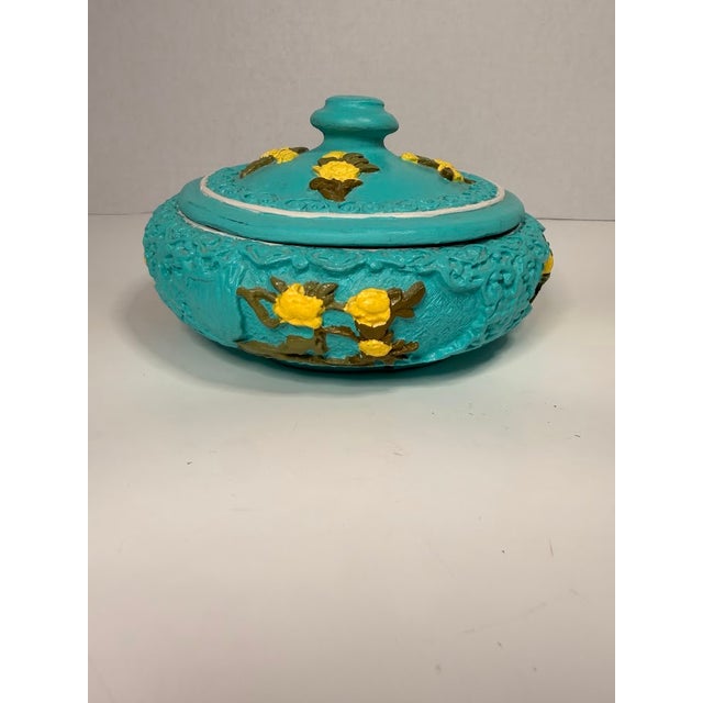 Vintage Style Turquoise Blue Round Trinket Box With Yellow Raised Floral Relief Florentine Plaster For Sale - Image 6 of 9
